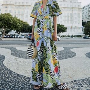 Farm Rio Blue Striped Bananas Jumpsuit